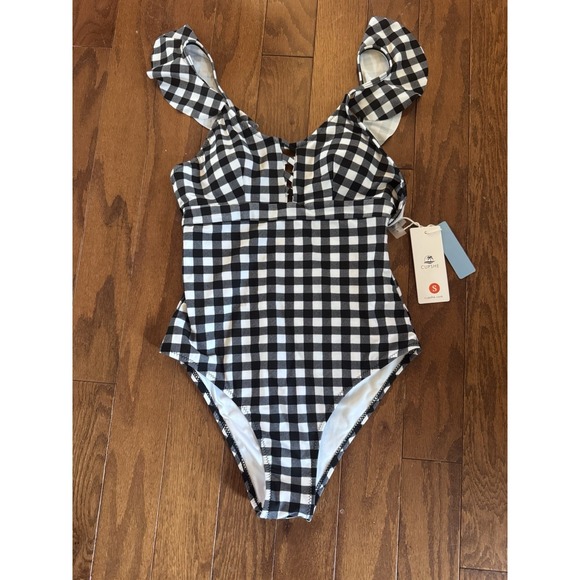 Cupshe Other - NWT's Cupshe One Piece‎ Swimsuit Sz S Black White Gingham Ruffle Lace Up
